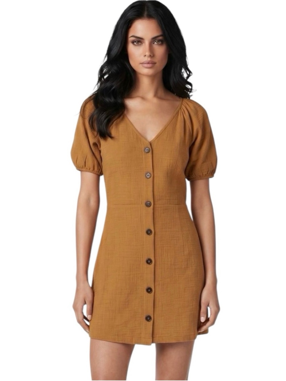 Madewell Mustard Button-Front Puff Sleeve Mini Dress - Picture 1 of 7